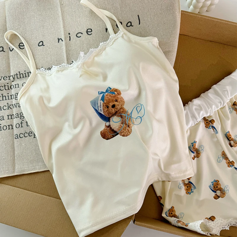 Cutest Bear Print Lace Trim Camis Crop Tops + Slim Fit Shorts Sweet Girl 2 Piece Pajamas Set Korean Style Kawaii Y2K Sleepwear