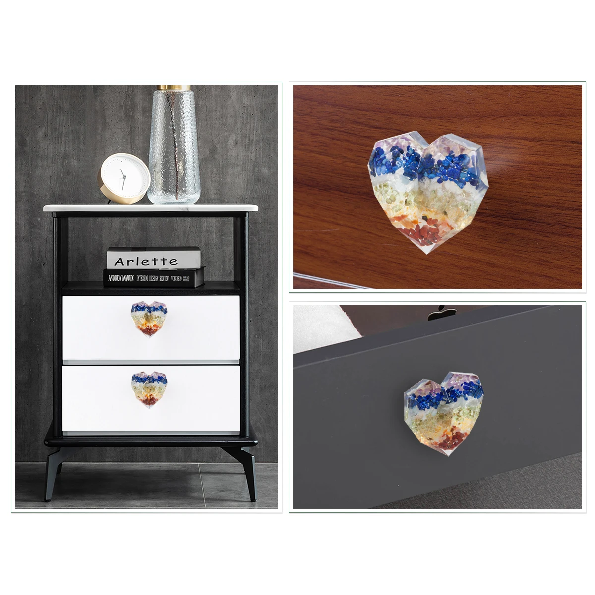 Heart Shape Faceted Resin Tumbled Quartz Drawer Pull Knobs With Screws, Handles For Dresser Cupboard Kitchen Wardrobe Hardware