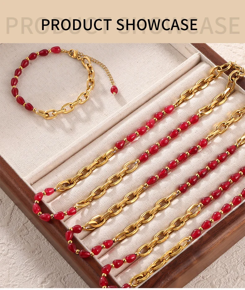 Roter Achat kombinierter Edelstahl Halsketten Armband für Frauen vergoldet Damen Gliederkette Halskette Armbänder Schmucksets – Detail 6