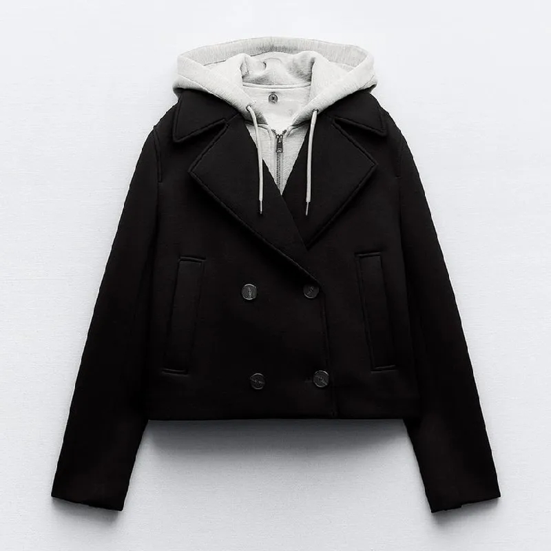 PB&ZA Women's 2024 Spring New Women's Two-Color Hooded Spliced Short Jacket Top 8073055