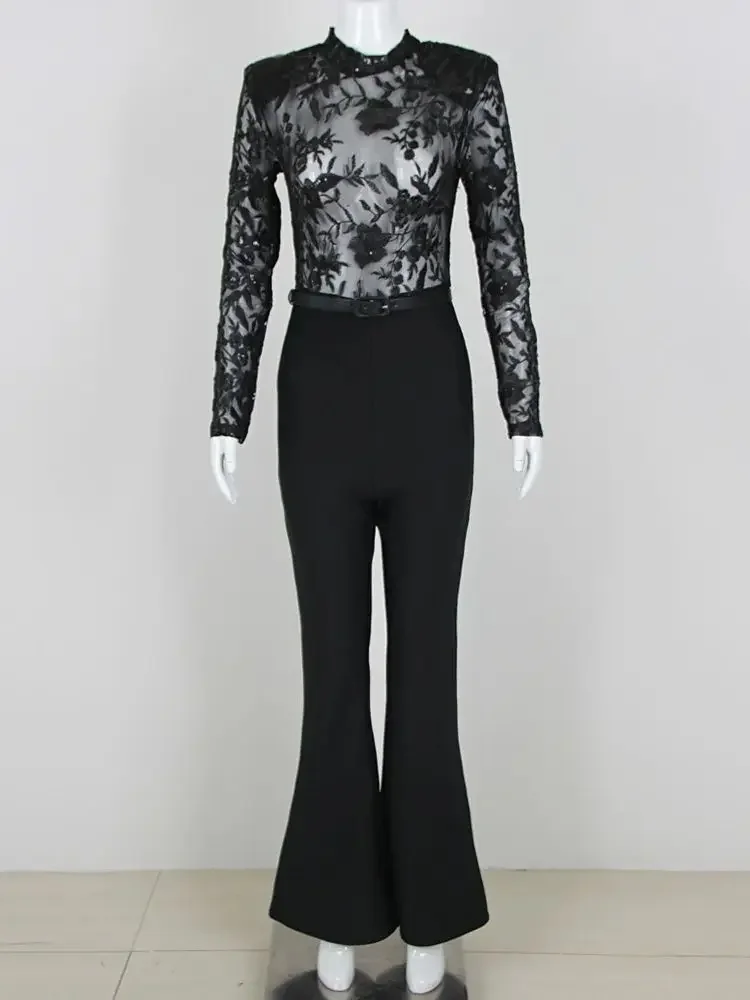2024 Summer New Women's Black Sexy Long sleeved O-neck Lace Spliced Sequin Bandage Wide Leg jumpsuit Bodycon Party jumpsuit
