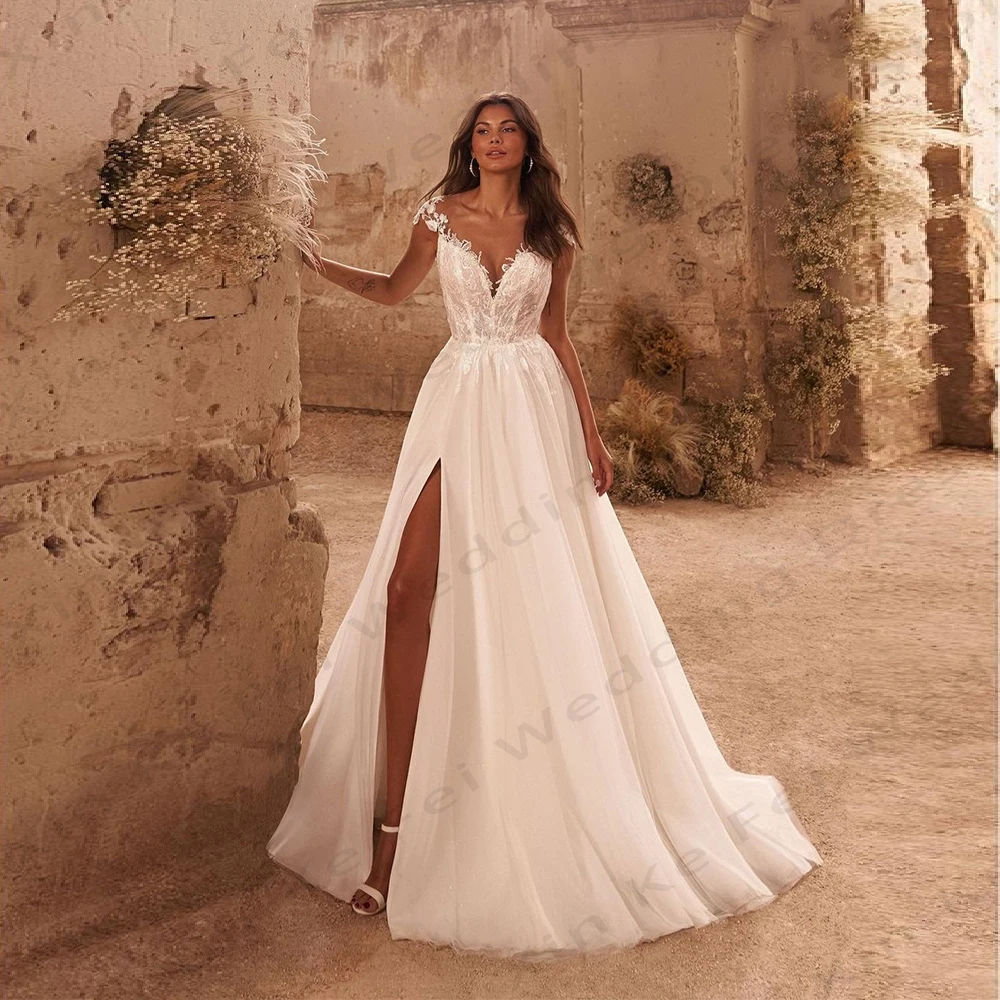 

Sexy Mermaid Backless Wedding Dresses Exquisite Off The Shoulder Sleeveless High Slit Lace Applique Simple Mopping Bridal Gowns