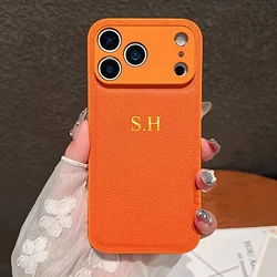 Personalized Gold Foil Engraved Luxury Faux Leather Case with Custom Initials - iPhone 17 (Orange)
