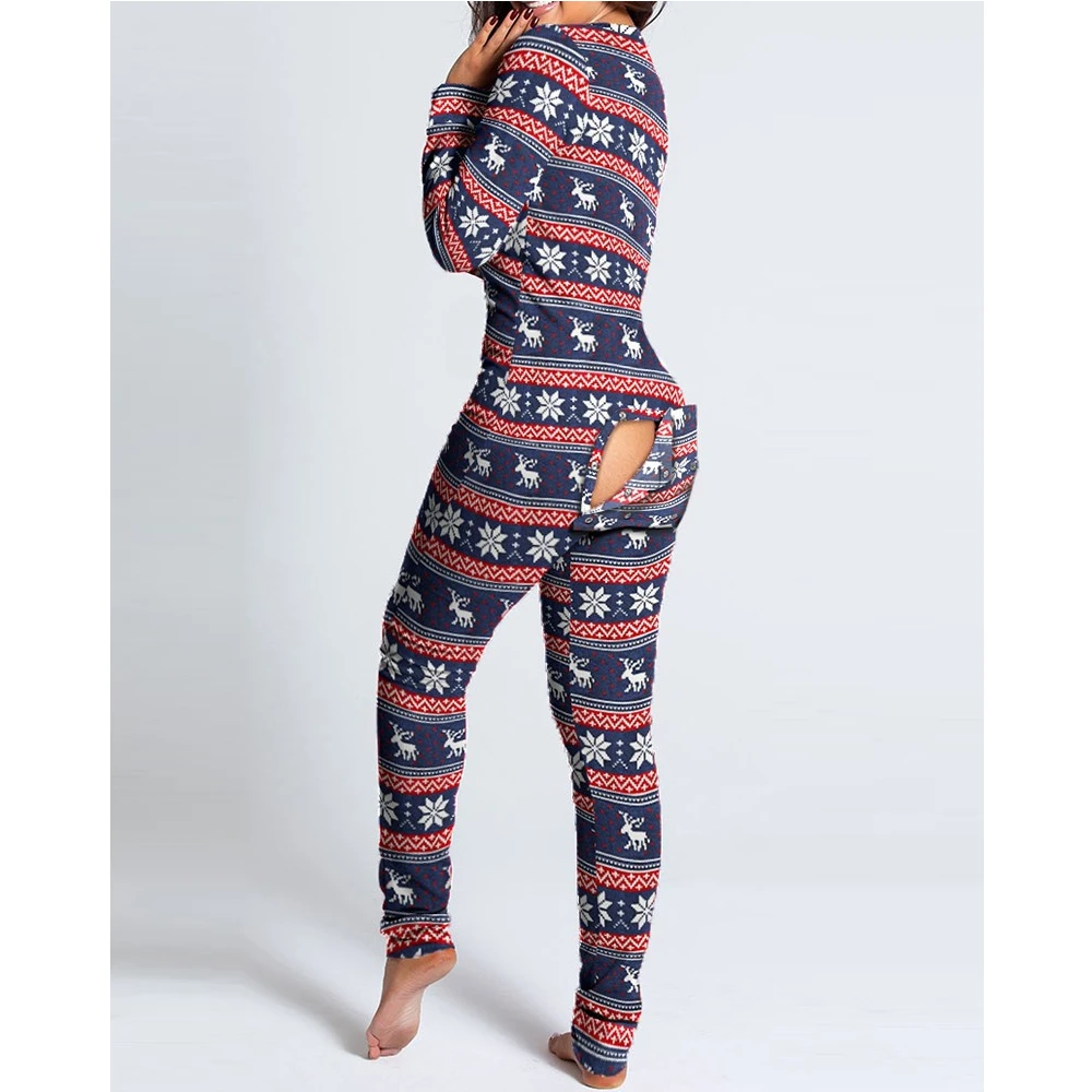 Women Jumpsuit Christmas Onesies Print Outfit Button-down Front Back Butt Bum Open Ass Flap kigurumi pajamas onesies cosplay pajamas onesies women bodysuit sleep wear set women suspender pajamas flannel pajamas onesies