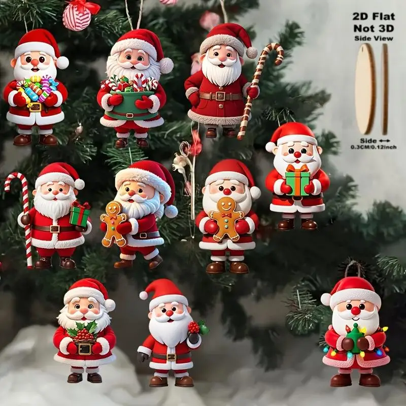 10Pcs Christmas Wooden Gingerbread Man Santa Claus 2D Flat Wooden Pendant Christmas Tree Decoration Perfect Holiday Gift Decor