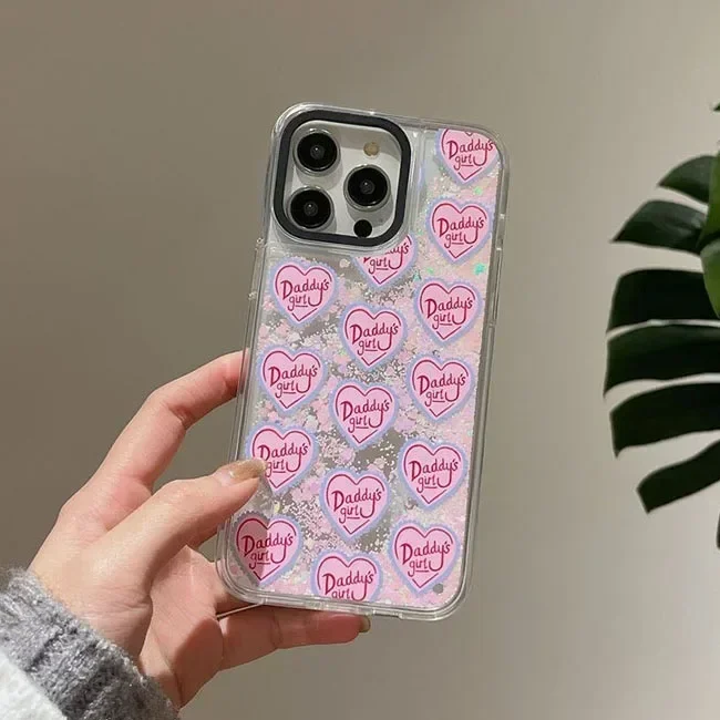 Transparent Border Silver Quicksand Pink Heart iPhone 12 13 14 15 Pro Max Case - Protective iPhone Case