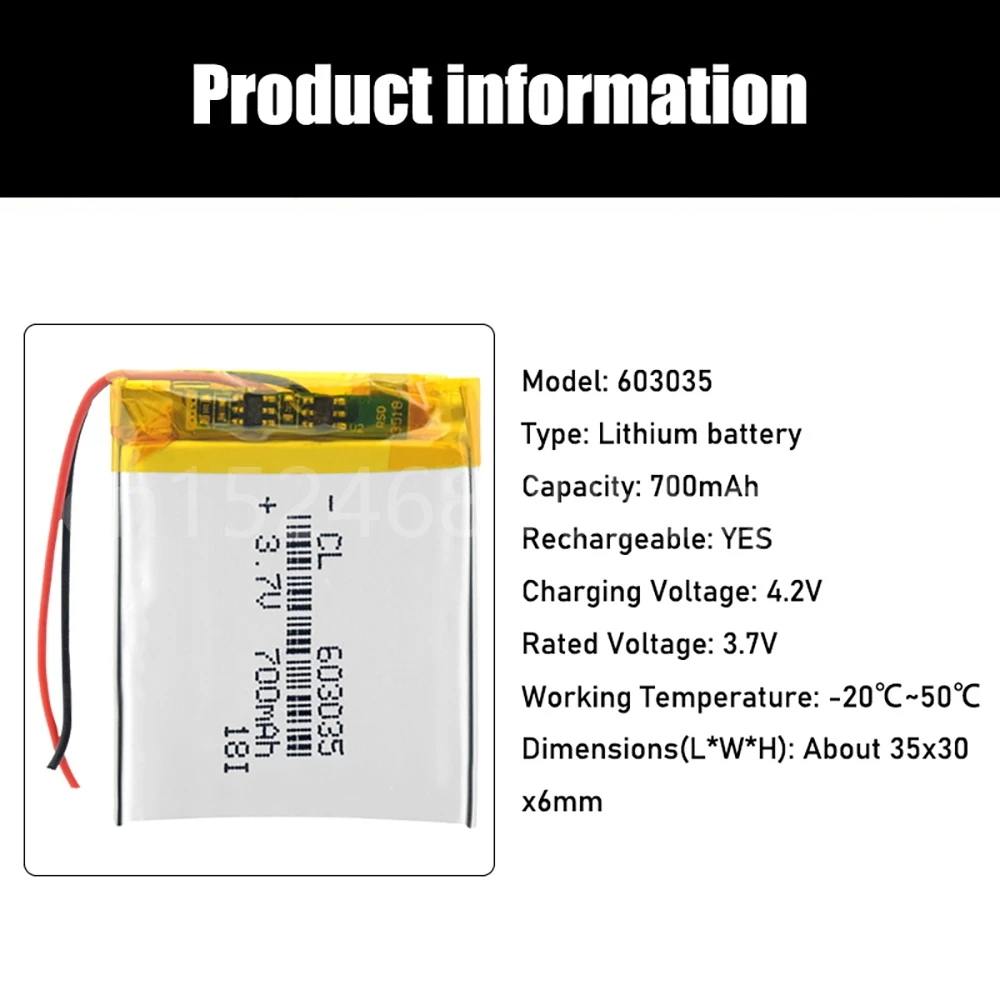3.7V 700mAh 603035 Lithium Polymer Li-Po li ion Rechargeable Battery For mp3 mp4 mp5 Tachograph Car DVR Bluetooth Earphone GPS image_3