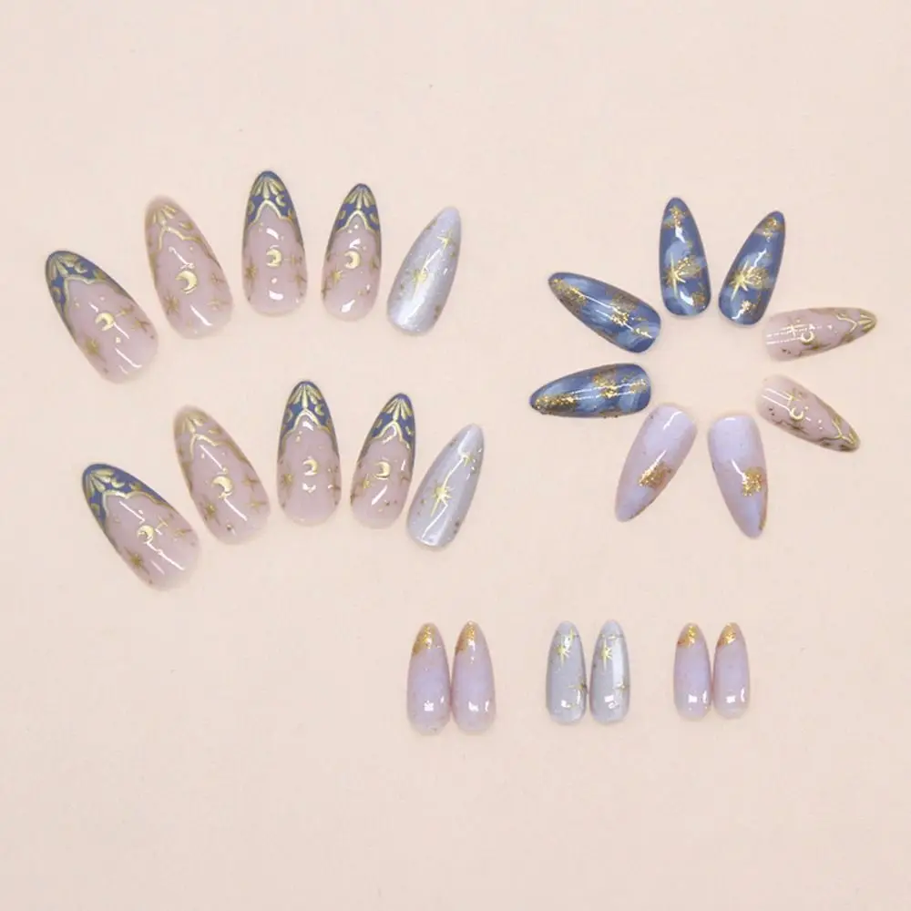24pcs Manicure Long Almond False Nails Flowers Aurora French Fake Nials Detachable Cat Eye Stars Press on Nails Women