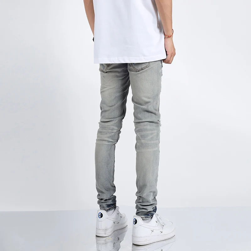 Street Fashion Men Jeans Retro Washed Light Blue Stretch Skinny Ripped Jeans Men Leather Patched Designer Hip Hop Brand Pants