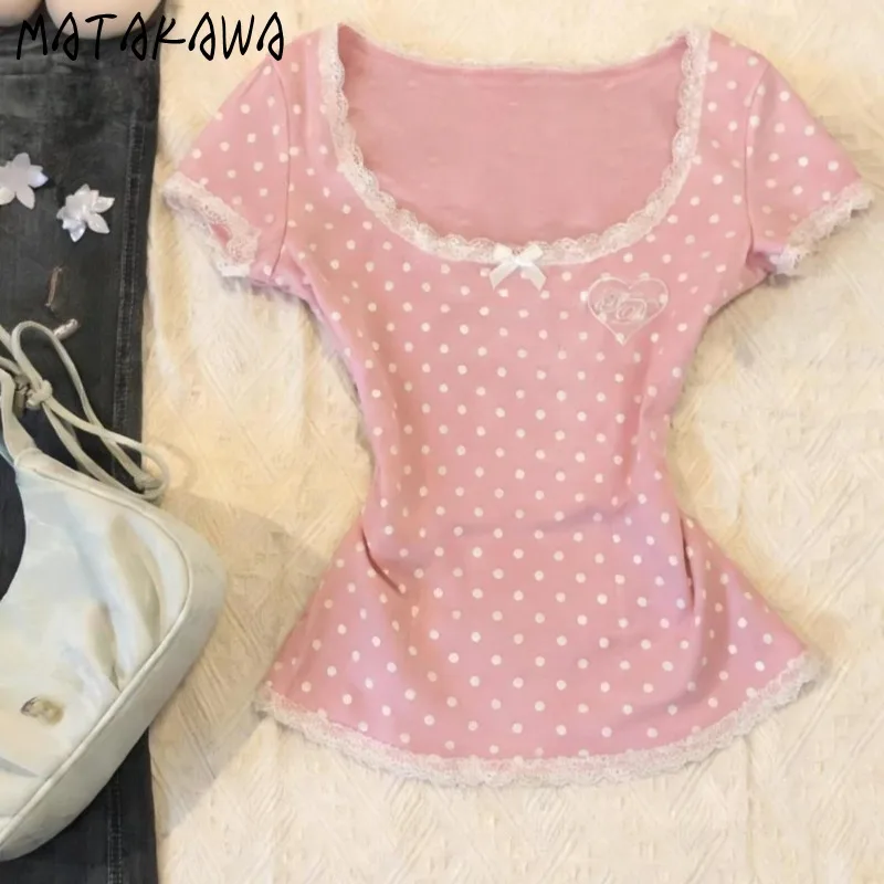 Matakawa Y2k Clothes T Shirt for Women Spring Summer Japanese Style Ropa De Mujer Polka Dot Vintage Sexy Short T-shirts 1