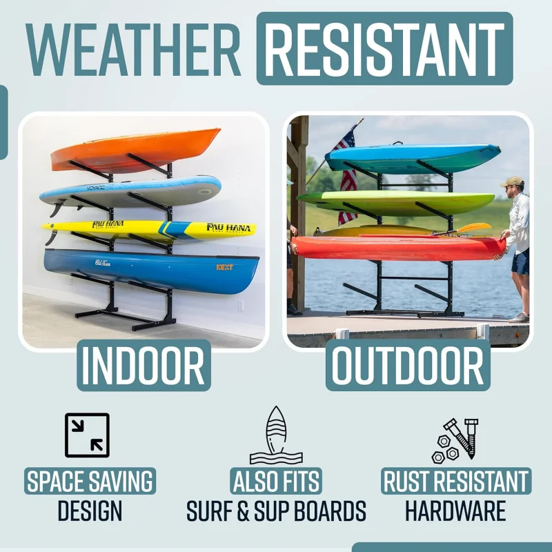 Freestanding G-watersport kayak and sup outdoor storage rack, heavy duty adjustable weatherproof stand