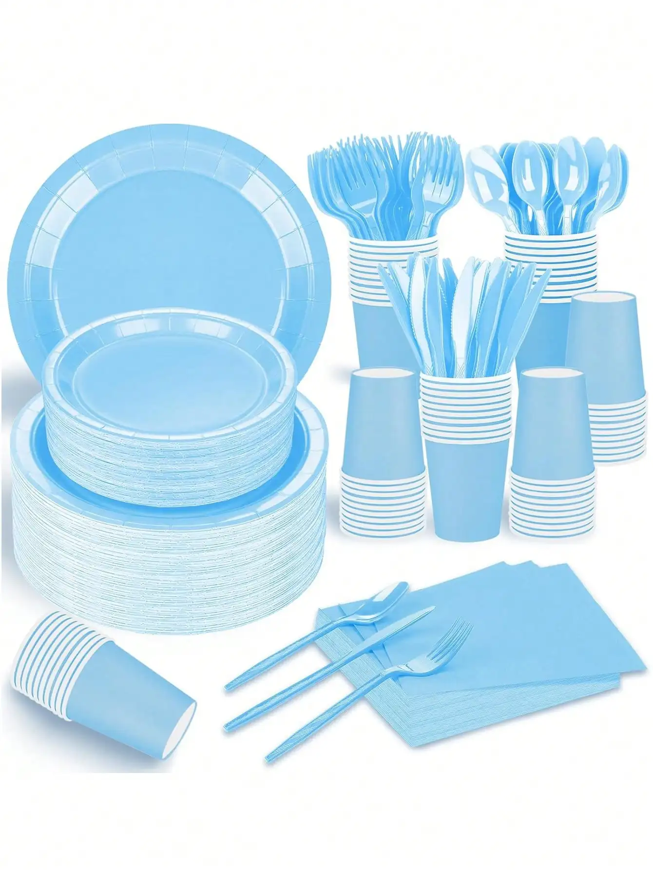Sky Blue Party Supplies Set - Disposable Plates Spoons Forks Knives