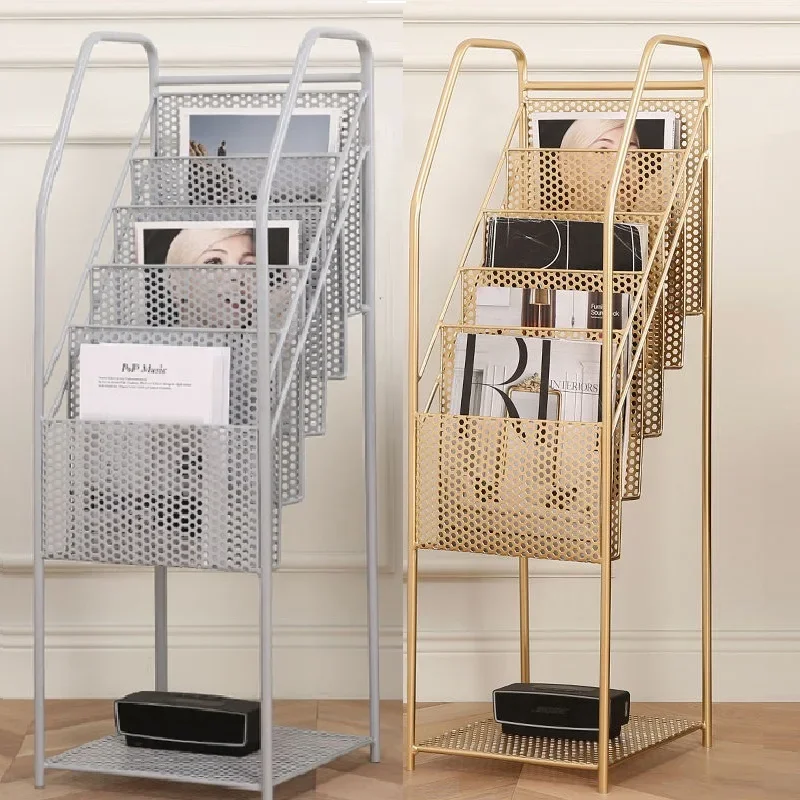 Golden Iron Magazine Rack MultiLayer Bookshelf, Office Display Shelves, Room Decor Storage, Elegant Organization
