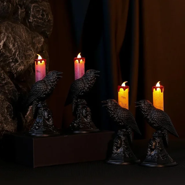 New Black Crow Statue Glowing Candlestick LED Candles Lights Halloween Home Decorations Table Lamp Scary Ornaments Home Supplies 4