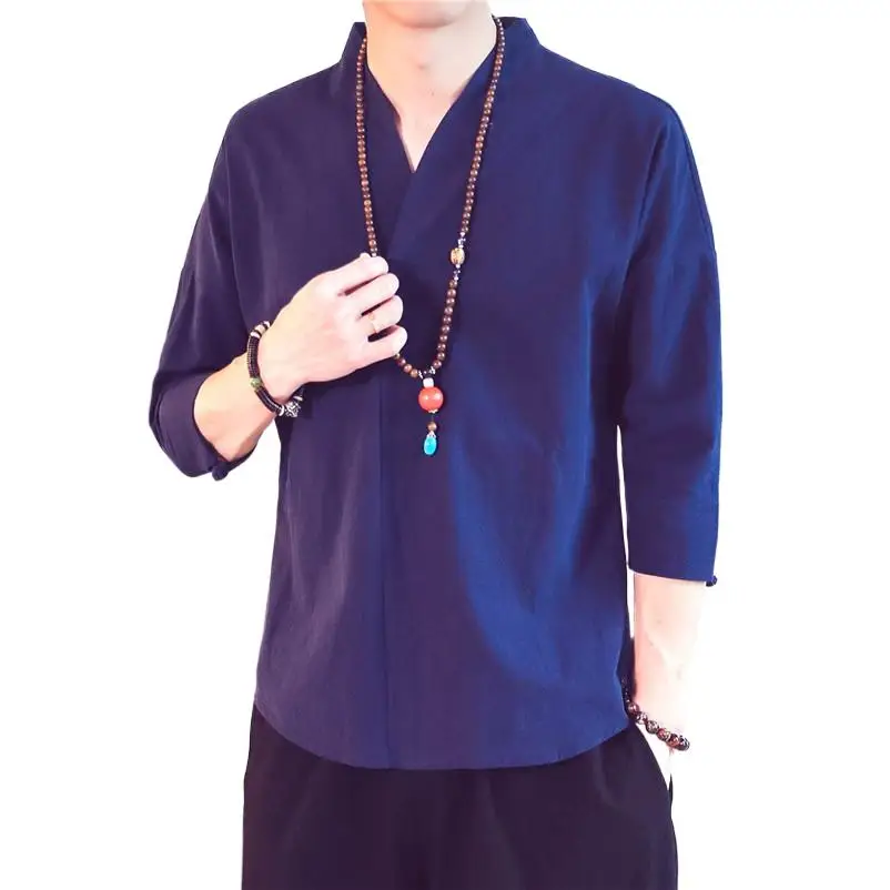 

Рубашка мужская из хлопка и льна, с рукавом 2024 и V-образным вырезом