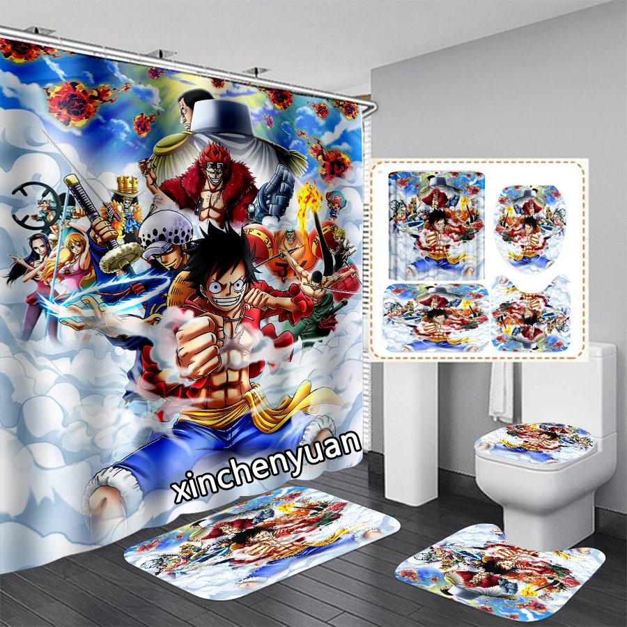 phechion Anime One Piece 3D Print Waterproof Bathroom Shower Curtain Toilet Cover Mat Non-Slip Floor Mat (1/3/4Pcs) W61 6