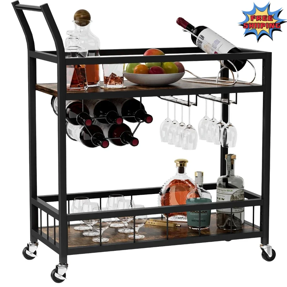 

Bar Cart Home Industrial Mobile Bar Cart Serving Wine Cart on Wheels with Wine Rack and Glass Holder 2 Wood Storage Shelves