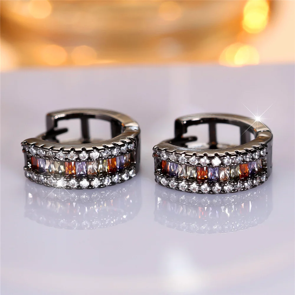 Trendy Crystal Female Small Rainbow Zircon Stone Hoop Earrings Vintage Black Gold Color Wedding Jewelry For Women