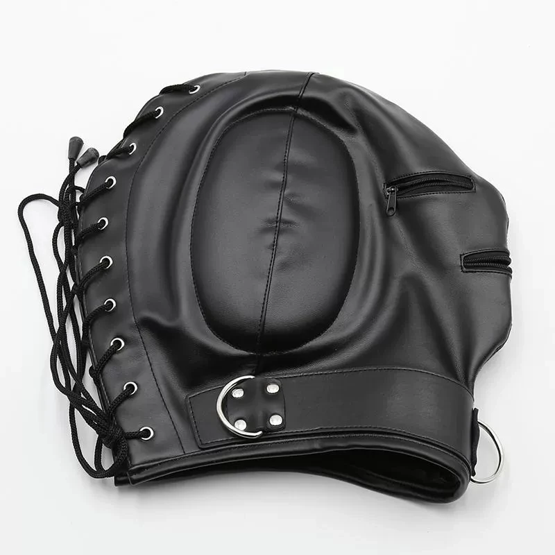 Leather Padded Hood Blindfold And Head Harness Gag Set_voghion.com