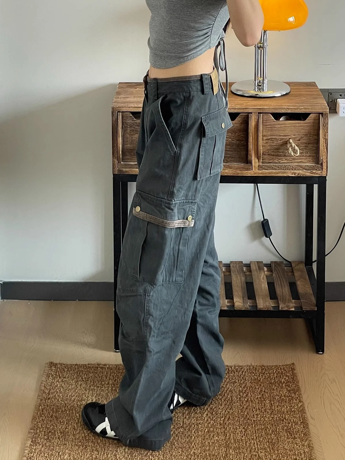 American Retro Workwear Denim Pants Women's High Waist Wide Leg Loose Straight Cut Trousers Spring Autumn New Sle Multi ket