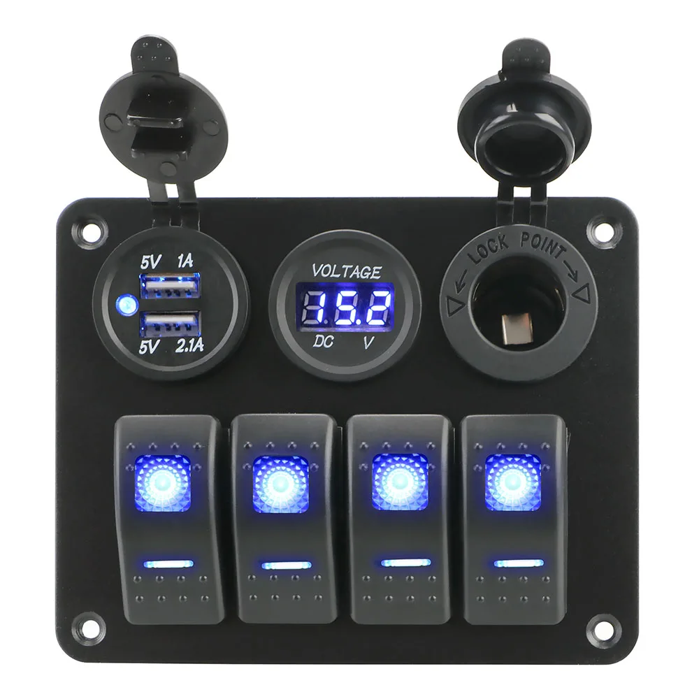 4-Gang-Schalttafel für Auto, Wohnmobil, Wohnwagen, Dual-USB-Anschluss, digitales Voltmeter, Leistungsschalter, LED-Wippe, Aluminium-Panel