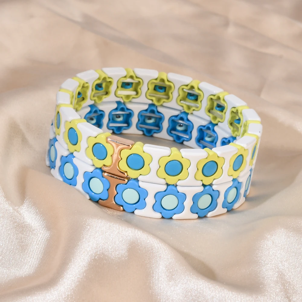 WOWORAMA Bracciale Elastico Donna Con Fiori Colorati Dipinti A Mano, Stile Boho, Dimensioni Regolabili, Lega Dorata, Bracciale Grosso Estivo