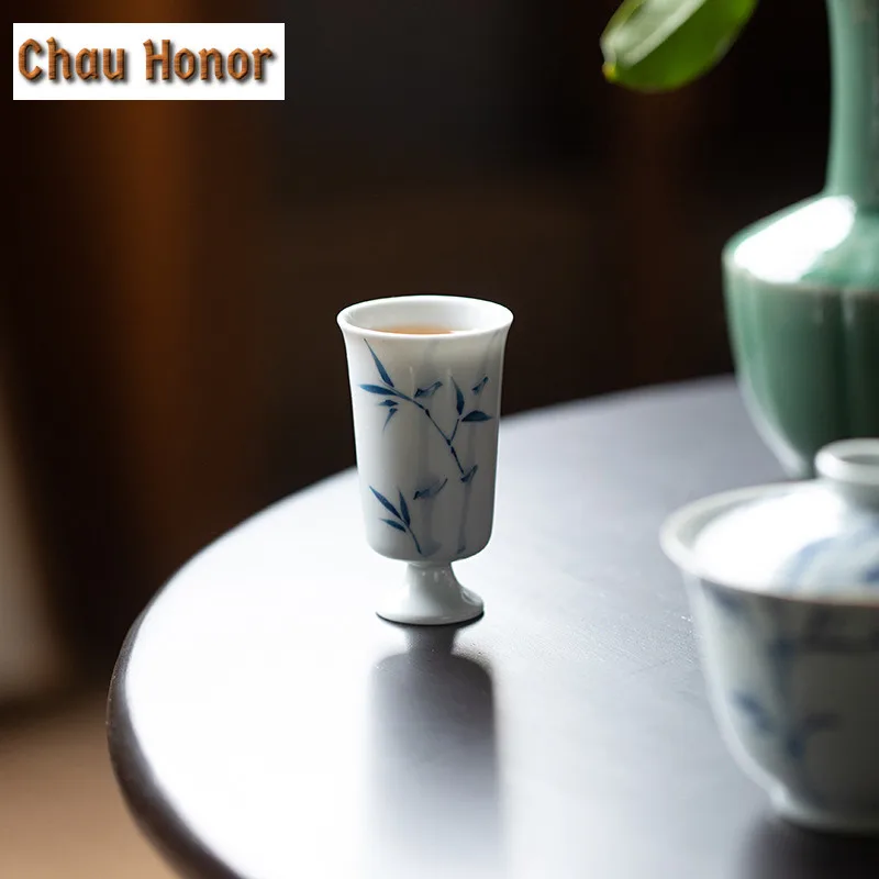 2pc/Set 40ml Pure Handpainted Green Bamboo High Foot Tea Cup Household White Porcelain Thin Tire Master Cup Single Cup Drinkware