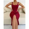 Hot-selling Summer Women's Dresses Buttons Solid Color Slim Slit Sexy Party Hip-packing Date Off-shoulder Suspender Skirt