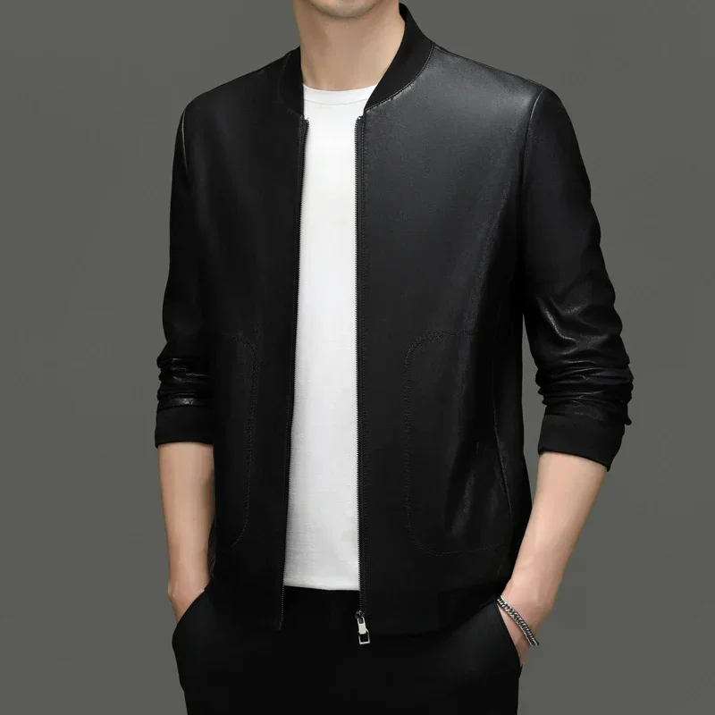 thumbnail image 1 of Chaqueta de cuero genuino para hombre, estilo coreano, corta, ajustada, con cuello de béisbol, informal, de moda, para otoño y primavera, 1 of 5