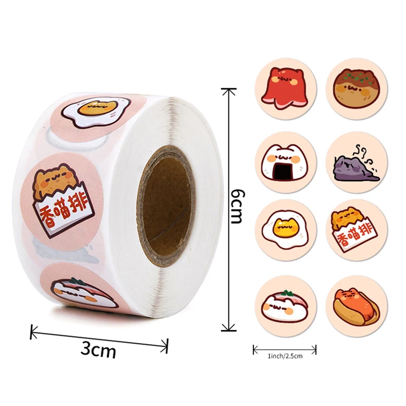 500Pcs/Roll 2.5cm/1inch Circular Cute Cartoon Sushi Pattern Decorative Sticker Baked Dessert Lunch Box Label Decor Sticker