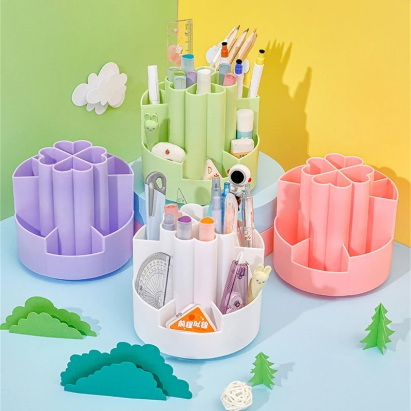 

10 Girds 360° Rotating Pen Holder Creative Heart Large Capacity Pencil Storage Box Desktop Organizer School Office Stationery