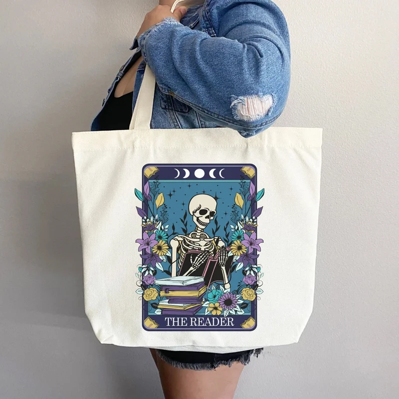 The Reader Skull Große Canvas-Handtasche, Alltags-Tragetasche, Geschenk für Buchliebhaber, Geschenk für Bücherwürmer, Lehrer oder Leser, Abschlussdekoration