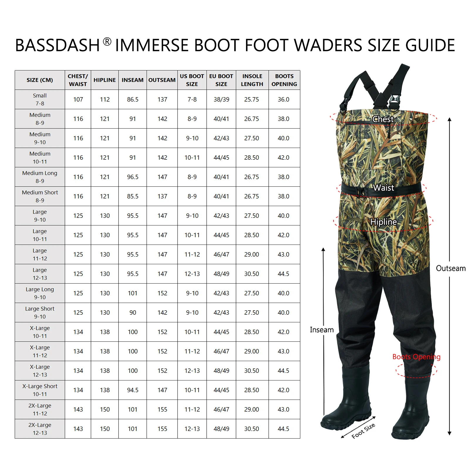 BASSDASH Men Women Boot Foot Waders Breathable Lightweight Fishing Hunting Mossy Wood Reeds Printing Long Trousers With Boot
