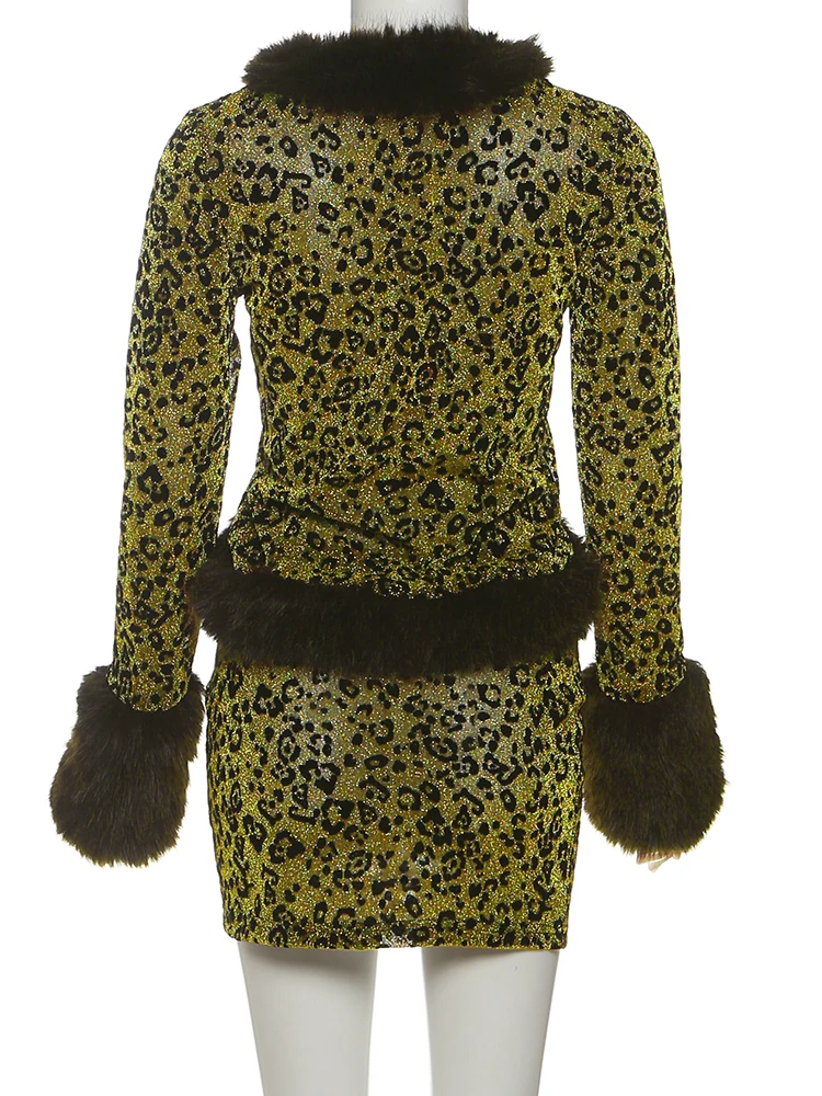 Nibber Wild Leopard Print 2Piece Set Woman Autumn Trend Furry Patchwork Full Sleeve Tops+Skinny Mini Skirts Street Style Outfits