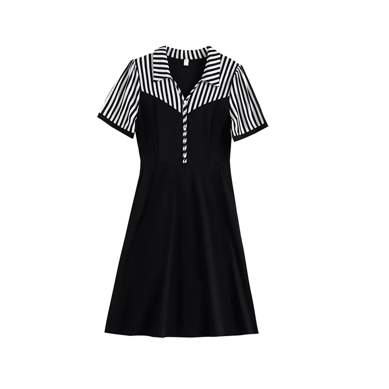 

Summer Women Elegant Midi Dress V Neck Short Sleeve Casual Plus Size 5XL Hight Waist Black Stripe Splicing A Line Party Vestidos