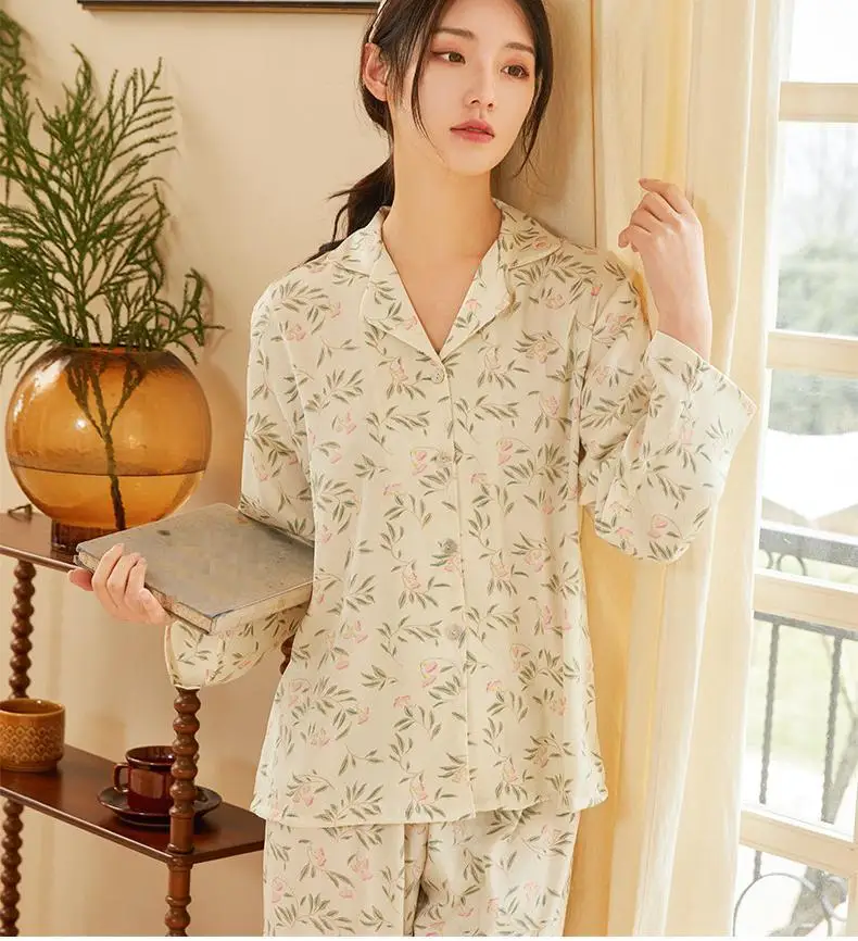 

Print Sleepwear Women Pajamas Set Long Sleeve Shirt&Trousers Pyjamas Suit Intimate Lingerie Summer Rayon Nightsuits Homewear