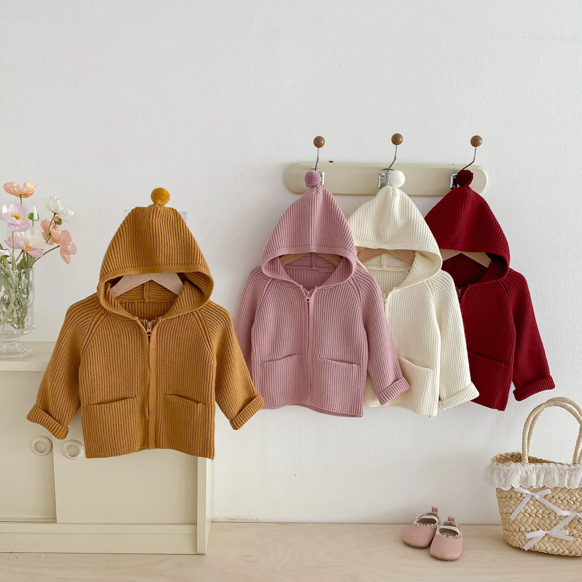 Baby Girls Solid Color Hooded Sweater Jacket 2025 Autumn And Winter Infant Girl's Knitted Cardigan Coat Casual Outerwear