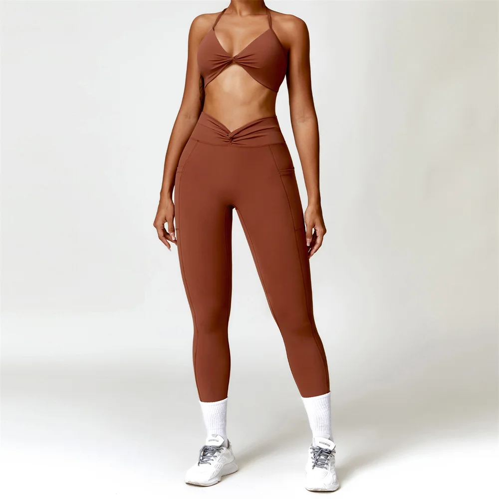 Fitness Twist Sport Bra Yoga Set Women High Waist Workout Pocket Leggings Female Pant Tracksuit Gym Active Suits XS-XL 1/2PCS