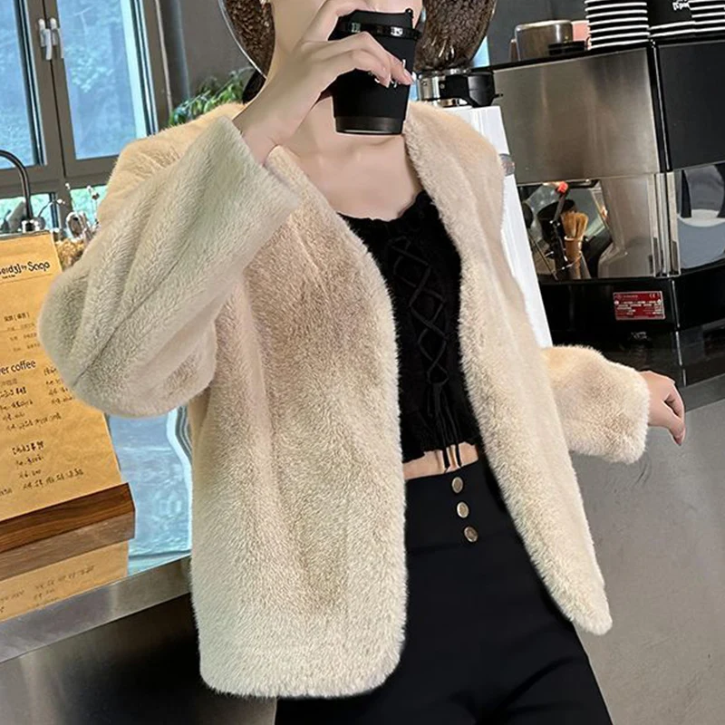 Autumn Winter Loose Casual Fashion Imitation Fur Coat Lady Solid Color Thicken Warm Jacket Women All-match Cardigan Outwear Top