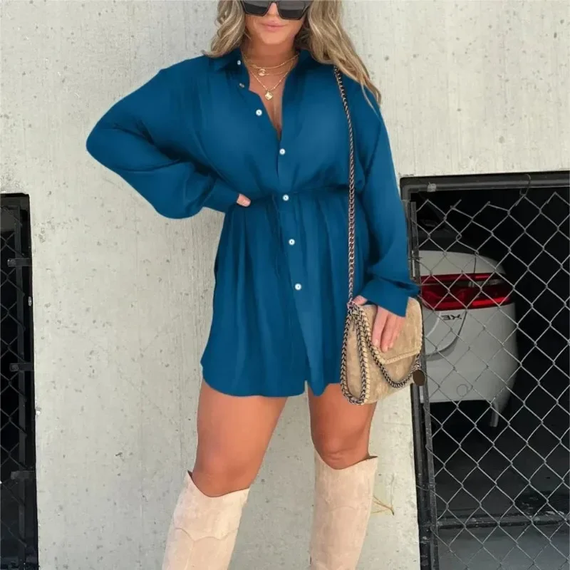 

Casual Fashion Long Sleeve Turn Down Collar Shirt Dress Loose Shorts Suit 2023 Streetwear Autumn Women Two Piece Set Y2K Outfits