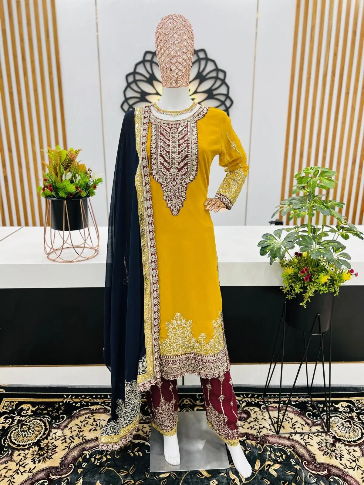 Salwar Kameez Full-Sleeve Round Neck Long Sleeved Sharara Heavy Faux Georgette with Embroidery Indian Ethnic Traditions