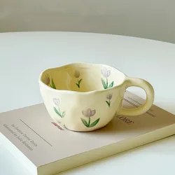 Korean-Style Handcrafted Irregular Ceramic Mug - 201-300ml (Purple tulip)