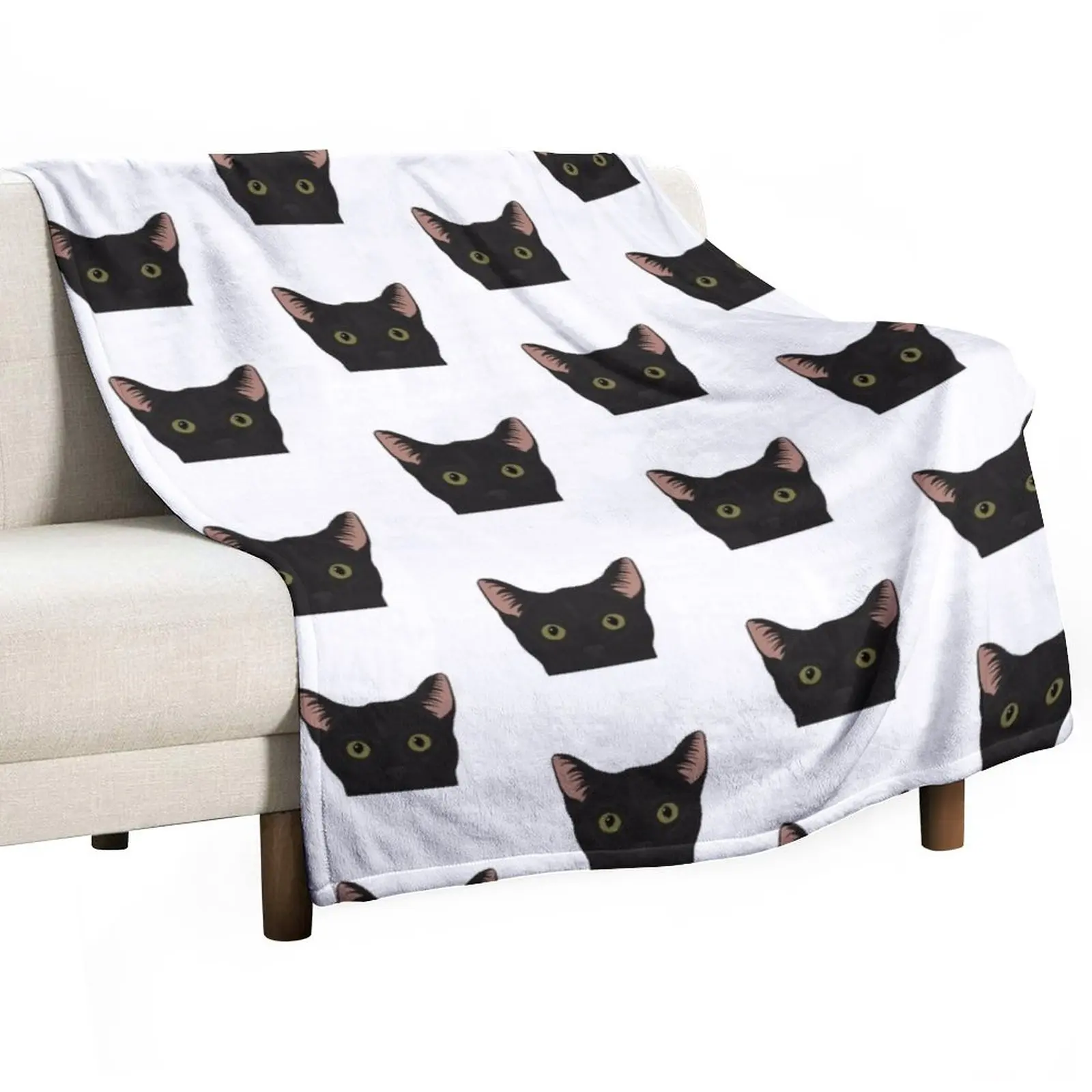 

Curious Black Cat - Green Eyes Black Nose Throw Blanket Plaid on the sofa Luxury St Blanket Flannel Blanket Summer Blanket