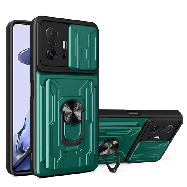Detachable Card Holder Phone Case For Xiaomi 11T 11 Pro Redmi Note 11 10 Poco X3 Pro Max Slide Stand Kickstand Ring Camera Cover Green