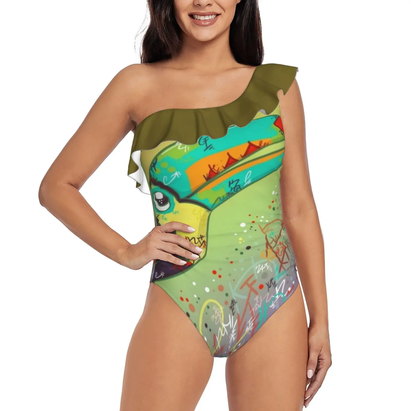 Toucan Can Do It! One Shoulder Ruffle Swimsuits Sexy One Piece Swimsuit Women Swimwear Monokini Toucan Colorful Toucan Bird