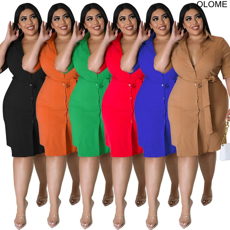 

Big Size Women Short Sleeves Shirt Dress Solis Button-up Turn Down Neck Elegant Office Lady Club Dresses Summer