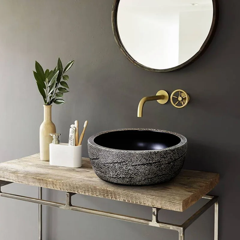 

China Artistic Handmade Ceramic Lavobo Round Countertop blue and white table top basin bathroom sink