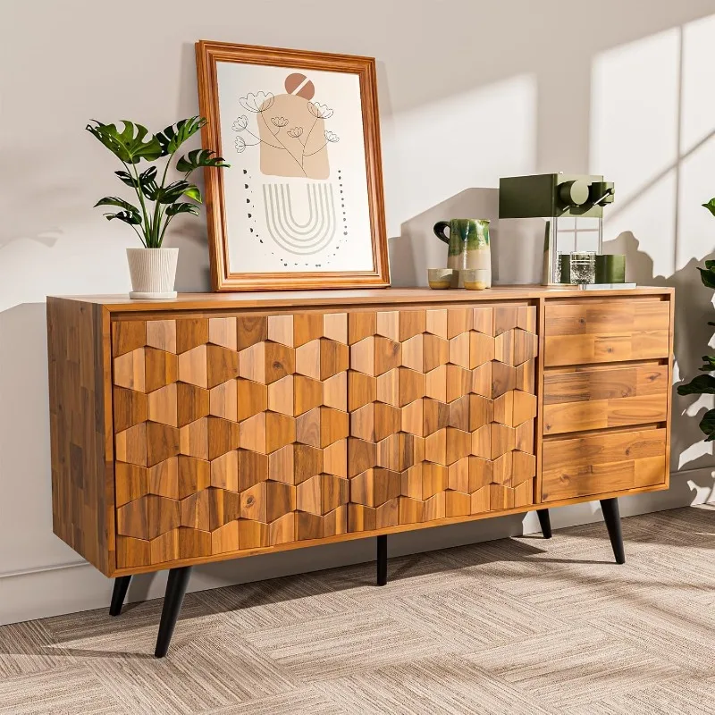 Rattan Pre-Assembled Buffet Sideboard with 3 Drawers & 2 Doors, 58" Accent Console Table Living Room, Kitchen, Dining
