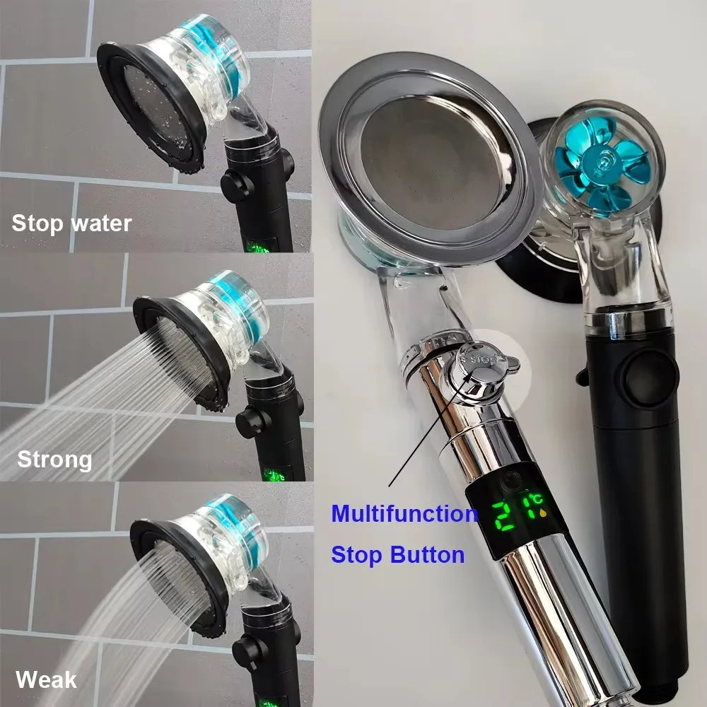 Temperature Display Turbo Propeller Shower Head High Pressure Water Saving With Stop Button Handheld Bathroom Shower Head 5