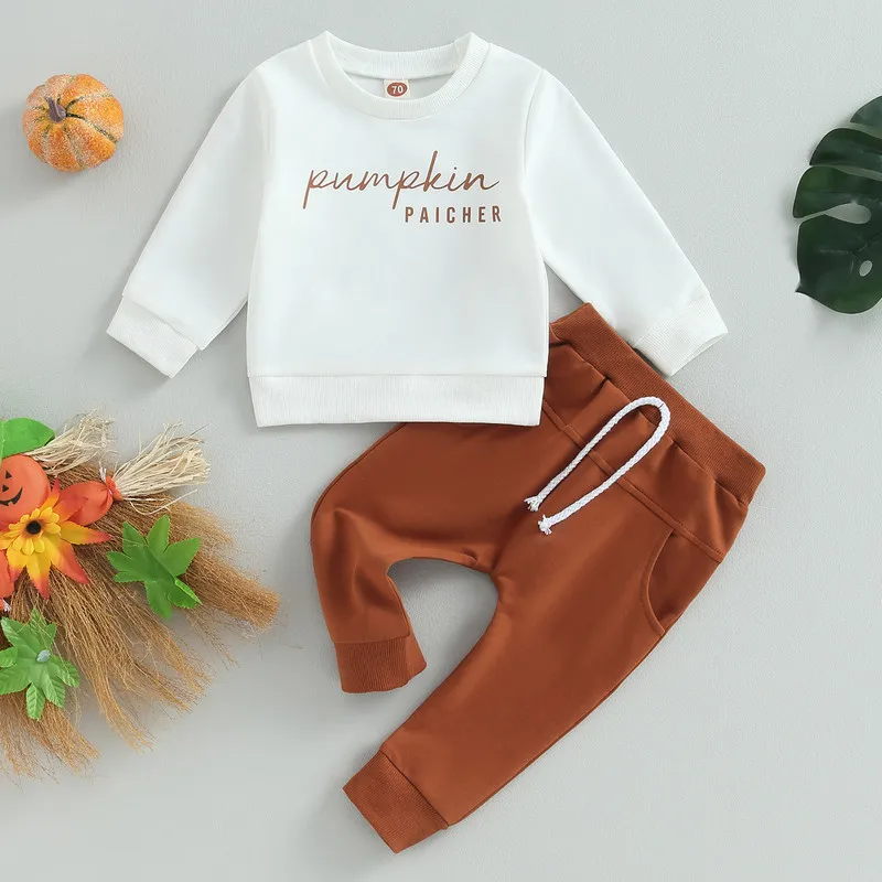 

Halloween Newborn Baby Boy Pant Sets Autumn Clothes Long Sleeve Letter Sweatshirt and Elastic Waist Sweatpants Baby Clothing